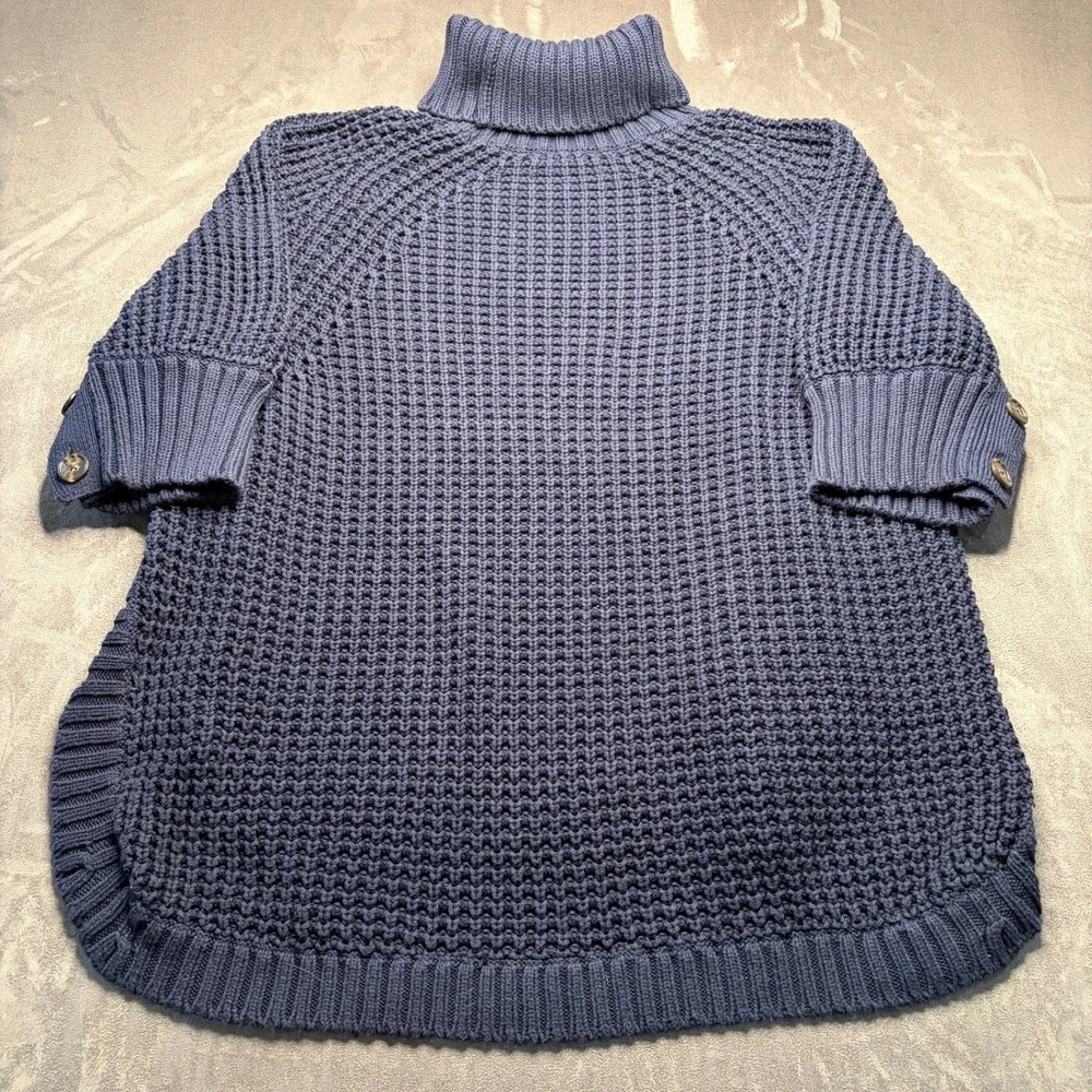 J.Crew Turtleneck Poncho Sweater Womens Sz M Blue Chunky Knit Button Sleeve Cozy
